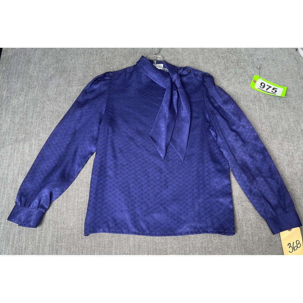 Vintage Women Blouse Top M Blue Satin Long Sleeve Pus*y Bow Neck Business Casual